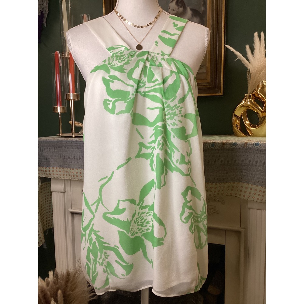 Banana Republic Womens Large Green White Floral 100% Silk Halter Top Summer 2009